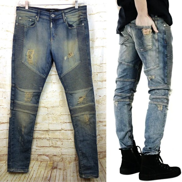 Represent Biker Jeans Mens 32 Blue Sand Stone Destroy Wash Moto Rib Skinny Rock - Picture 1 of 15